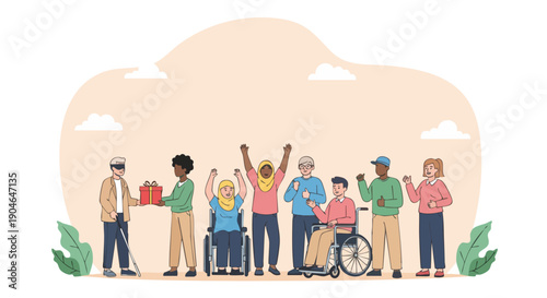 Diverse Group of People Celebrating Together, Including Individuals with Disabilities and Different Ethnicities.