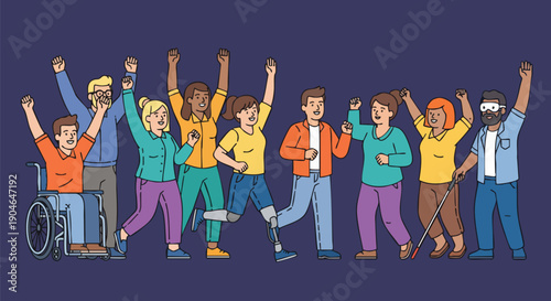 Diverse Group of People Celebrating Together: Inclusion, Disability Awareness, and Community Spirit.