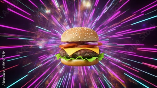 Juicy double cheeseburger with melted cheese and fresh lettuce on a sesame seed bun exploding in a vibrant burst of neon light and color, creating an appetizing and dynamic visual
