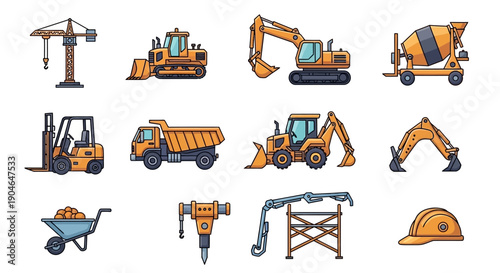 A collection of various construction vehicles and heavy equipment icons, including a crane, excavator, bulldozer, dump truck, forklift, and hard hat.
