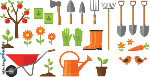 Gardening tools and plants illustration set featuring fruit tree, flowers, wheelbarrow, watering can, gloves, and garden equipment in flat vector style
