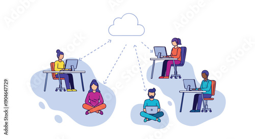 Diverse professionals collaborating remotely, connecting to the cloud for seamless teamwork and digital communication.