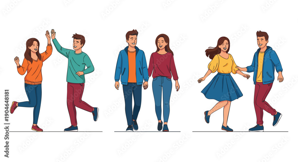Obraz premium Happy Couples and Friends in Action: High Fives, Holding Hands, and Dancing.