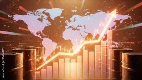 An oil barrels with rising graph and world map showing global energy growth and energy trading markets