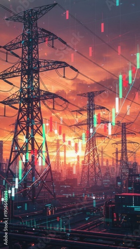 A power lines at sunset with floating candlestick charts showing energy flow and energy trading trends