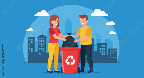 People disposing of trash in a recycling bin against a city skyline, representing eco-friendly urban living and environmental responsibility.