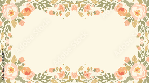 Easter floral wreath frame with colorful spring flowers and decorated eggs, circular botanical border isolated on soft pastel background, festive holiday illustration for greeting cards, invitations, 