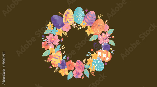 Easter floral wreath frame with colorful spring flowers and decorated eggs, circular botanical border isolated on soft pastel background, festive holiday illustration for greeting cards, invitations, 