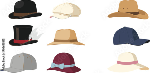 Hat collection illustration set featuring fedora, cowboy hat, cap, and vintage headwear styles for fashion and accessory design concepts