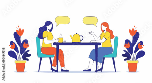 Two women sit at a table having a conversation, with plants and a teapot. Represents communication and social interaction.