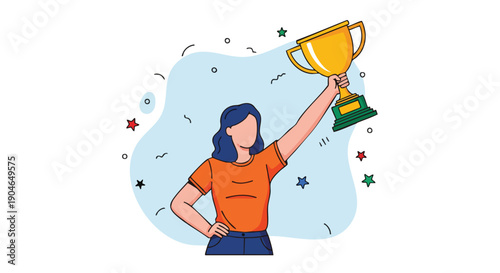 Woman holding a trophy celebrating success and achievement in business or sports, vector illustration.