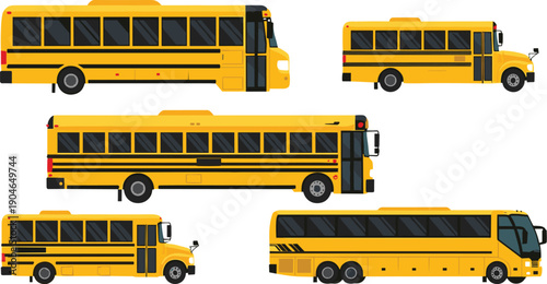 School bus illustration collection featuring multiple side and perspective views for student transportation, education, and public transit concepts in flat vector style
