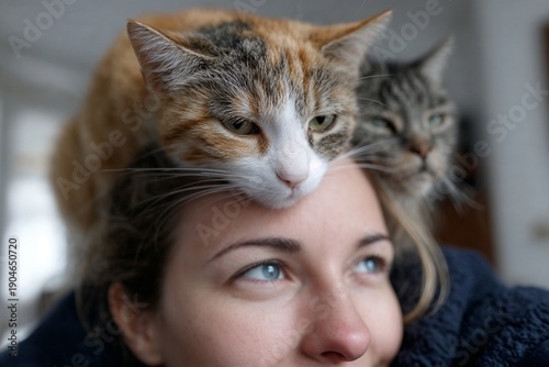Woman smiling with two cats resting on her head indoors