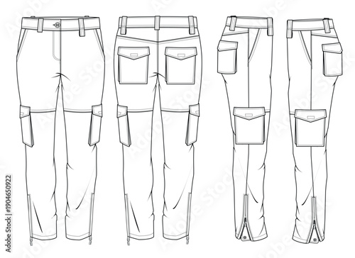 Men’s cargo pant front, back and side view technical flat drawing vector mockup template.