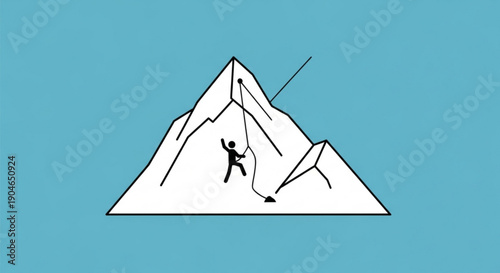 Person climbing mountain determination and adventure in a simple illustration on blue background