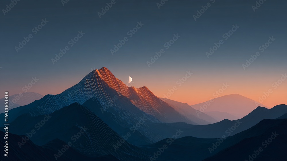 Obraz premium Layered mountain range, sunset glow on peak, crescent moon in clear sky