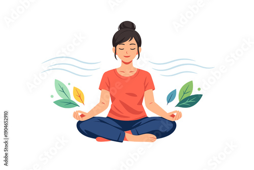 Person sits cross-legged and practices meditation while holding green leaves in both hands in a calm environment during the day