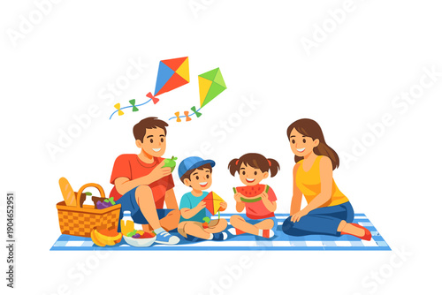 Family enjoys a sunny day with a picnic and kites in a park during the weekend afternoon in summer