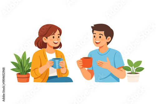 Friends enjoy coffee together while sitting among plants in a cozy setting during a sunny afternoon