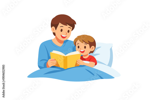 Father reads a storybook to son while sitting in bed at night in a cozy home setting