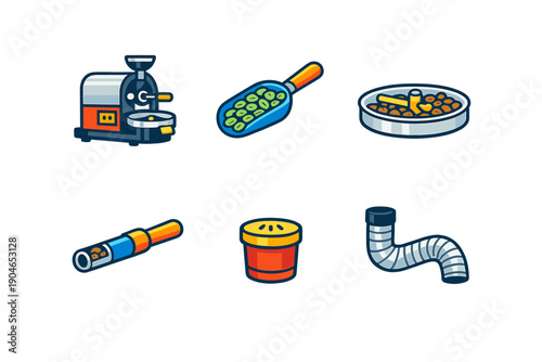 Different tools and equipment for processing food and drinks are shown, including a juicer, a scoop, a container of food, a pipe, a bucket, and a kitchen tool