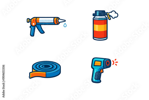Different types of tools used in home improvement projects displayed on a white background
