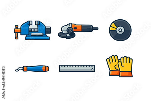 Various tools and equipment used in a workshop setting for metalworking and construction tasks during daytime hours