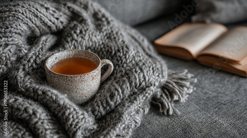 A warm aesthetic cozy scene with a cup of coffee, soft blankets, glowing candles, warm lights, and a peaceful relaxing atmosphere.