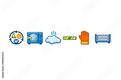 Symbols show a sequence for cleaning, drying, and organizing items in a domestic setting while using eco-friendly methods and materials during a sunny day