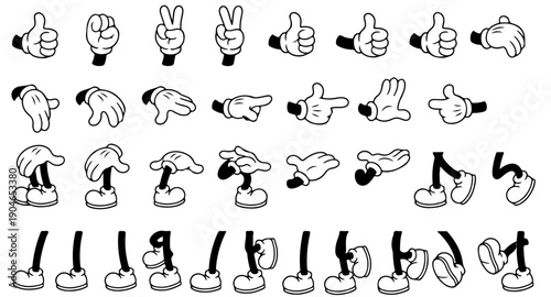 Retro cartoon legs and hands, Hands with gloves and feet with boots, various poses for characters, a set of poses, gestures, placement of hands and feet. Mascot character set.