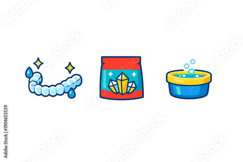 Different items used for cleaning teeth and dental care displayed together in a simple graphic design on a white background
