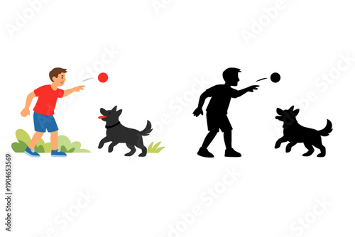 Boy plays fetch with black dog on a sunny day in a grassy area near his home after school