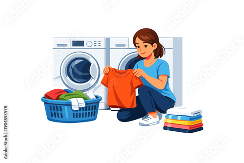 Person doing laundry in a home setting with washing machine and dryer in the background while holding a piece of clothing