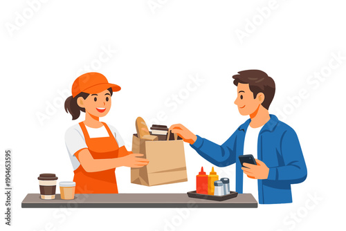 Customer receives a takeout order from a store worker during the day with various items in a bag at a food counter
