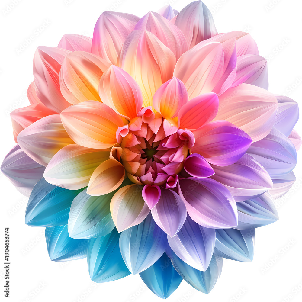 Obraz premium Close up view of vibrant abstract dahlia flower with gradient petals creating an artistic colorful visual pattern on transparent background