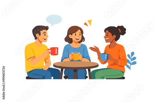 Friends gather at a cafe table enjoying drinks and lively conversation in a casual setting during the afternoon