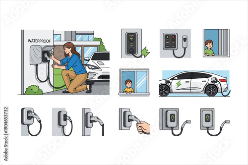 Electric vehicle charging station illustrations showcasing various scenarios and designs for ecofriendly transportation solutions