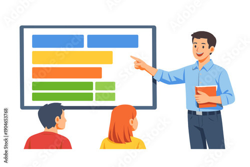 Teacher explains concepts to students in a classroom with a presentation on screen during a lesson at a local school