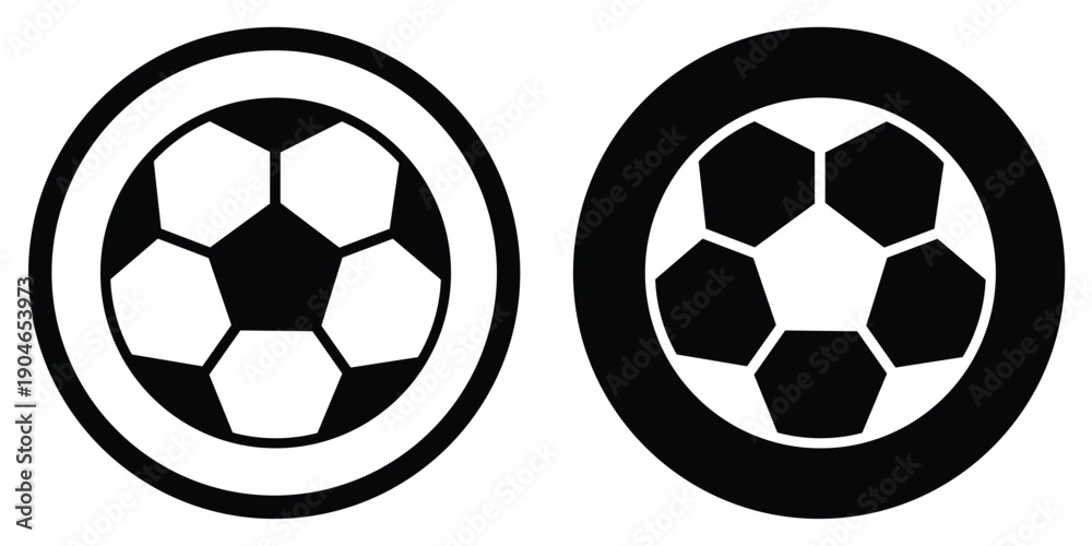 Obraz premium Classic soccer ball football icon in circular badge. Sports equipment symbol for team competition, athletic training, and global tournament branding in minimalist graphic style.