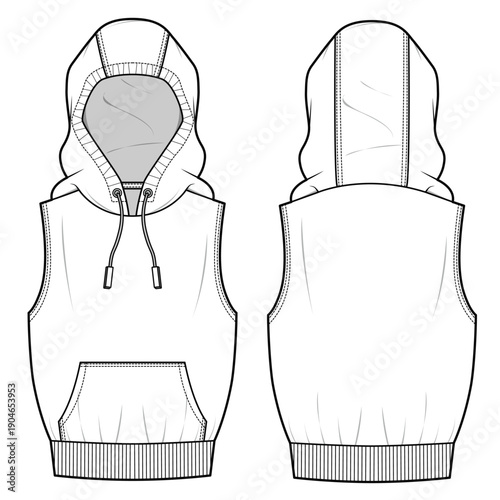 Ladies sleeveless cropped hoodie vector design technical illustration by adobe illustrator.