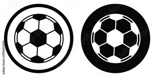 Classic soccer ball football icon in circular badge. Sports equipment symbol for team competition, athletic training, and global tournament branding in minimalist graphic style.