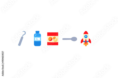 Tools and items arranged in a row showing a hook, a bottle, a snack bag, a spoon, and a rocket toy