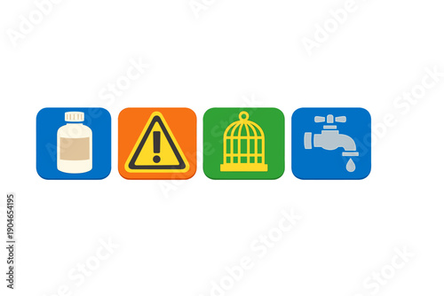 Signs showing caution and warning symbols for safety in a community setting with various items related to health and environment