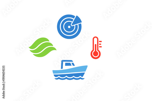 Icons representing various elements of weather, navigation, and temperature for a project about environmental factors