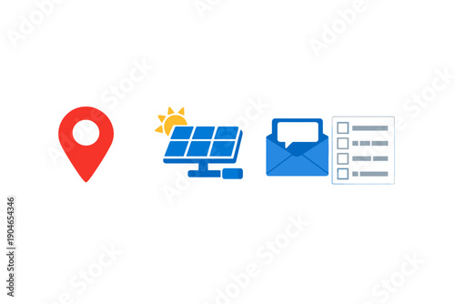 Location pin, solar panel, envelope with message, and checklist symbols shown on a white background indicating different elements of communication and energy