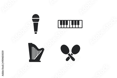Musical instruments are shown together, featuring a microphone, keyboard, harp, and maracas during a creative session