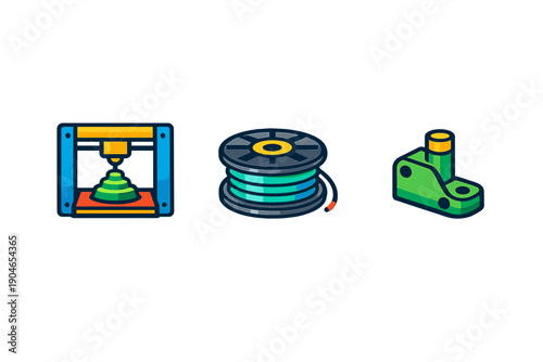 Different tools and materials used in 3D printing showing a printer, filament spool, and a printed part in a simple layout
