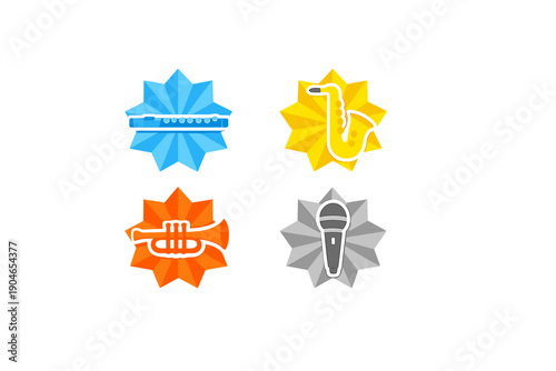 Musical instruments illustrated with bright colors and simple shapes to represent various sounds and styles found in music