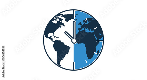 A modern vector illustration of a clock face with a world map overlay, symbolizing global time zones and international coordination