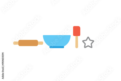 Baking tools arranged on a light background include a rolling pin, bowl, spatula, and cookie cutter in the shape of a star